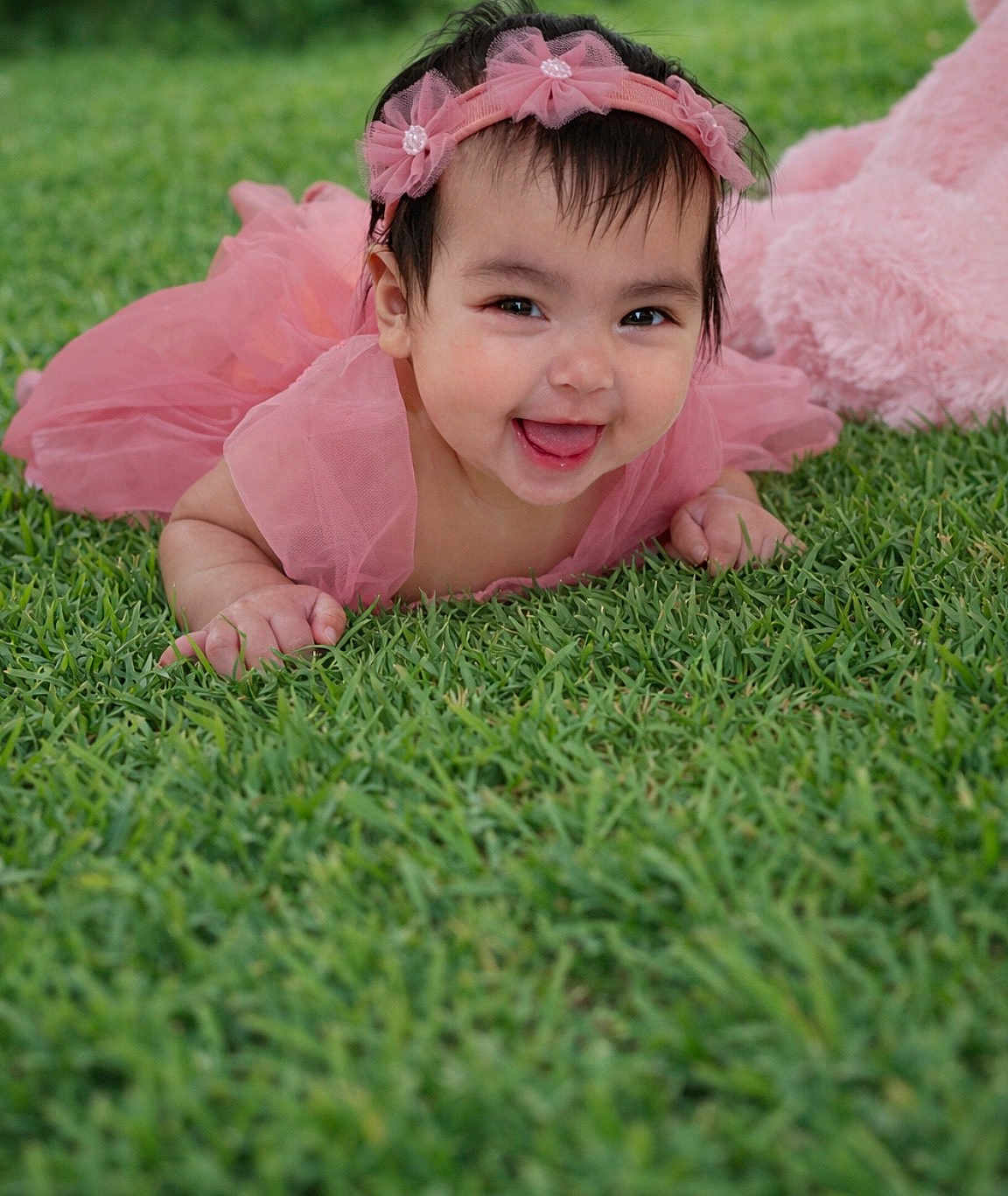 Amaya joined the competition — help win amazing prizes! baby, infant, toddler, grass, pink_dress, headband, smile, happy, outdoor, portrait, eyes, tongue, cheeks, crawling, plush_toy, tutu, bow, closeup, adorable, natural_light