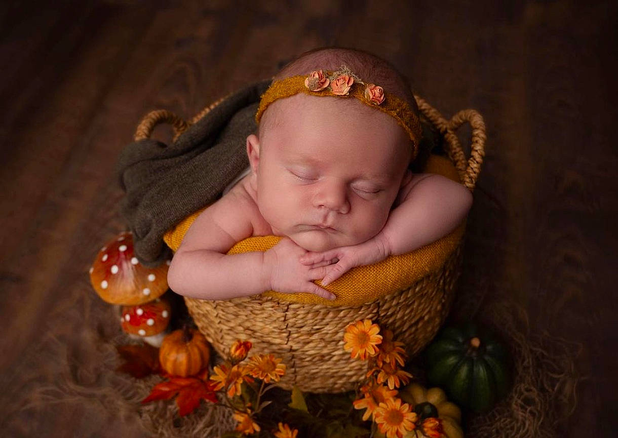 Emy participe au concours pour gagner de l'argent avec cette photo : arm, baby, baby_products, baby_sleeping, baby_toddler_clothing, basket, cheek, comfort, dress, eye, fashion_accessory, hand, headgear, human_body, iris, person, skin, toddler, tree, wood