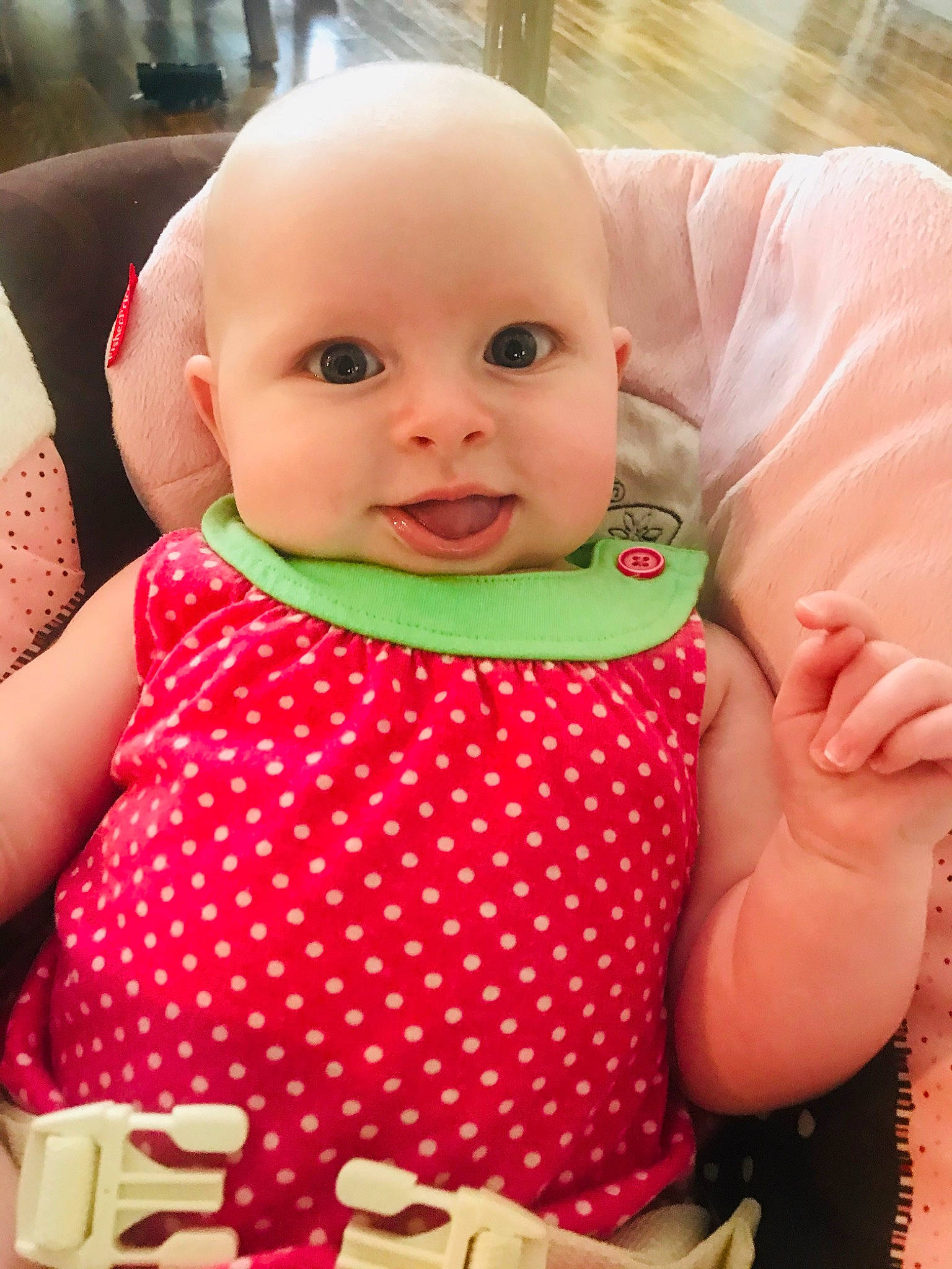 Aleah joined the competition — help win amazing prizes! baby, baby_products, baby_toddler_clothing, cheek, child, design, face, lip, pattern, person, pink, polka_dot, product, skin, smile, toddler