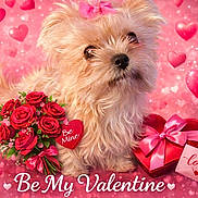 Maxy is registered to the contest to win money with this photo: dog, valentine, pink, hearts, bouquet, roses, gift_box, ribbon, love_letter, cute, fluffy, small_dog, bow, romantic, celebration, background, text_overlay, valentines_day, heart_shape, adorable