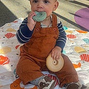 Destin joined the competition — help win amazing prizes! toddler, child, toy, play_mat, overalls, shoes, library, bookshelf, sunlight, indoor, floor, carpet, chewing, clothing, person, sitting, cute, baby, play, colorful