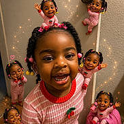 Paisleigh is registered to the contest to win money with this photo: child, girl, pajamas, miniature, clones, playful, happy, smiling, door, door_handle, pink, hair_beads, sparkles, magic, wall, backpack, indoor, portrait, cute, fun