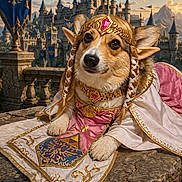 Zelda joined the competition — help win amazing prizes! corgi, dog, costume, fantasy, princess, castle, braids, elf_ears, regal, outdoor, stone, medieval, cloak, portrait, pet, animal, cute, gold, pink, blue