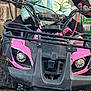 Eva joined the competition — help win amazing prizes! child, toddler, atv, pink_jacket, pink_hat, outdoor, vehicle, adult_hand, smiling, winter_clothing, four_wheeler, rustic, play, fun, young_child, hooded_jacket, grip, support, nature, daytime