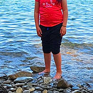 Samira participe au concours pour gagner de l'argent avec cette photo : barefoot, black_pants, boats, calm_water, casual_clothing, child, coast, daylight, girl, long_hair, nature, outdoor, red_shirt, rocks, shoreline, standing, summer, unicorn_graphic, water, waves