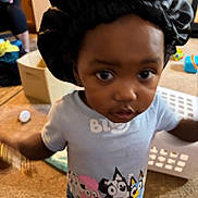 Daqariah joined the competition — help win amazing prizes! toddler, child, indoor, bonnet, cartoon_shirt, carpet, laundry_basket, toy, person, blur, motion, curious, clothing, home, floor, background, young_child, candid, casual, playful