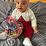 Kaely a rejoint le concours — aidez-le/la à gagner de superbes lots ! baby, bedspread, bunny, cardigan, celebration, child, chocolate, cute, easter_basket, headband, holiday, indoor, infant, pattern, pink, red_pants, sitting, smiling, toy, white_shoes