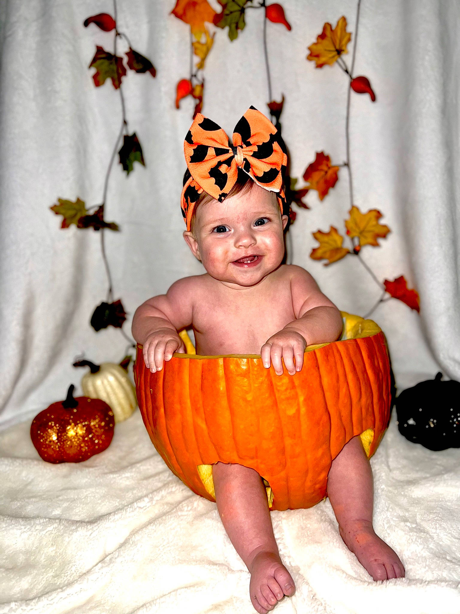 Rory joined the competition — help win amazing prizes! baby, baby_toddler_clothing, calabaza, cucurbita, eye, face, gourd, happy, head, headwear, human_body, leaf, natural_foods, orange, person, plant, pumpkin, smile, squash, toddler
