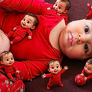Merritte joined the competition — help win amazing prizes! baby, babies, child, infant, red_clothing, lying_down, portrait, playful, smiling, face, large_baby, miniature_figures, doll_like, indoor, carpet, ball, bag, floral_pattern, family, creative_photography