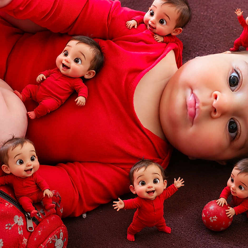 Merritte joined the competition — help win amazing prizes! baby, babies, child, infant, red_clothing, lying_down, portrait, playful, smiling, face, large_baby, miniature_figures, doll_like, indoor, carpet, ball, bag, floral_pattern, family, creative_photography