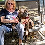 Knucklehead is registered to the contest to win money with this photo: woman, dog, outdoor, swing_bench, sunglasses, sunlight, shadow, leaf, tree, casual_clothing, gray_pants, black_shirt, sitting, pet, happy_dog, nature, relaxing, daytime, footwear, ground