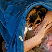 Kame is registered to the contest to win money with this photo: cat, calico_cat, blanket, blue_blanket, man, beard, resting, arm, snuggling, cozy, indoor, comfort, sleeping, pet, animal, feline, close_up, human, relaxation, couch