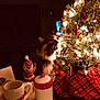cat, celebration, christmas, christmas_tree, cozy, curious_cat, decorations, festive, figurine, furry_pet, holiday, indoor, lights, mug, night, ornaments, red_plaid, table, tree_skirt, warm_lighting