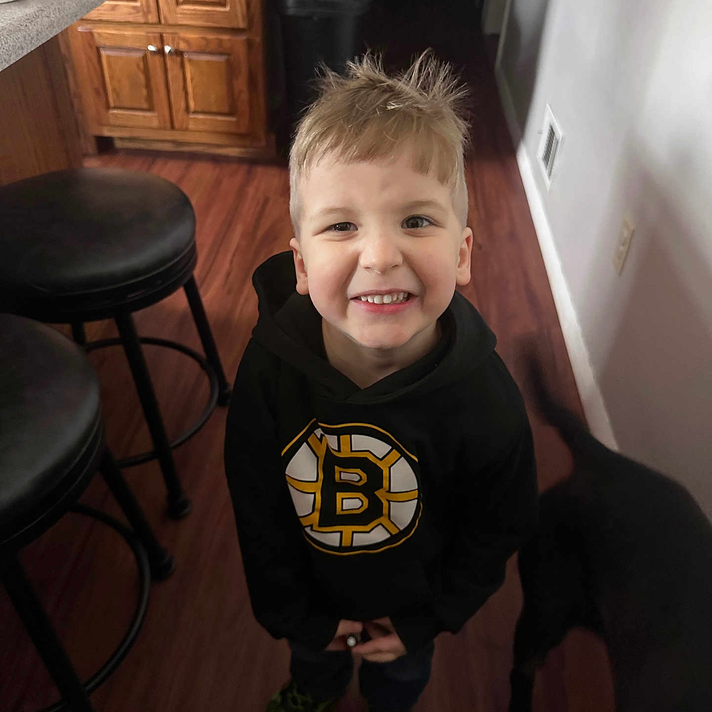 Jerrik is registered to the contest to win money with this photo: boy, cabinet, casual_clothing, child, dog, floor, hair, happy, hoodie, indoor, kitchen, logo, person, pet, portrait, shoes, smile, standing, stool, wooden_floor