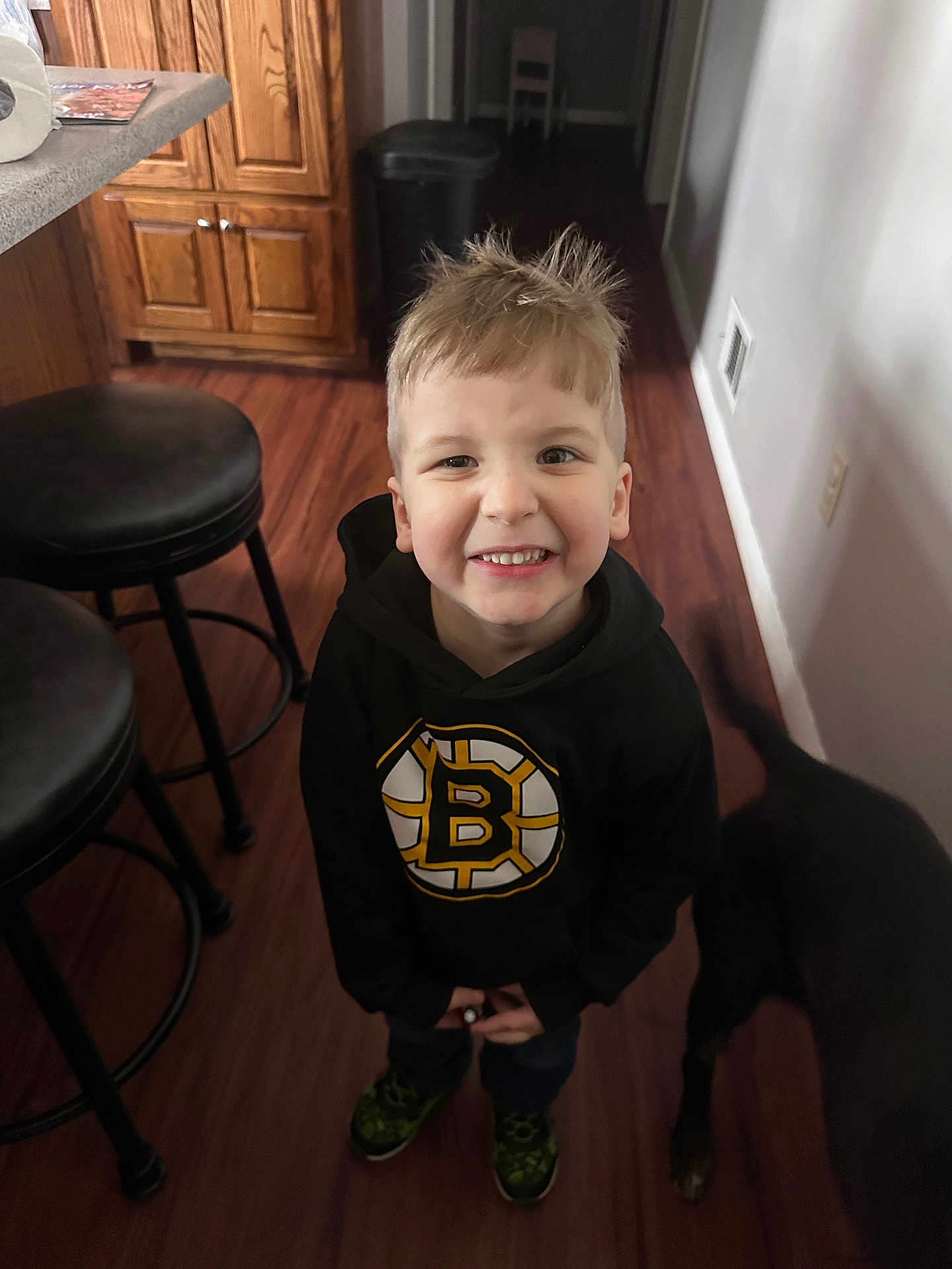 Jerrik is registered to the contest to win money with this photo: boy, cabinet, casual_clothing, child, dog, floor, hair, happy, hoodie, indoor, kitchen, logo, person, pet, portrait, shoes, smile, standing, stool, wooden_floor