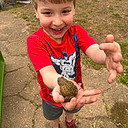 Jerrik is registered to the contest to win money with this photo: child, boy, frog, red_tshirt, batman, smile, outdoor, grass, stone_path, shoes, shorts, toy, playground, nature, happy, person, summer, daylight, hands, face