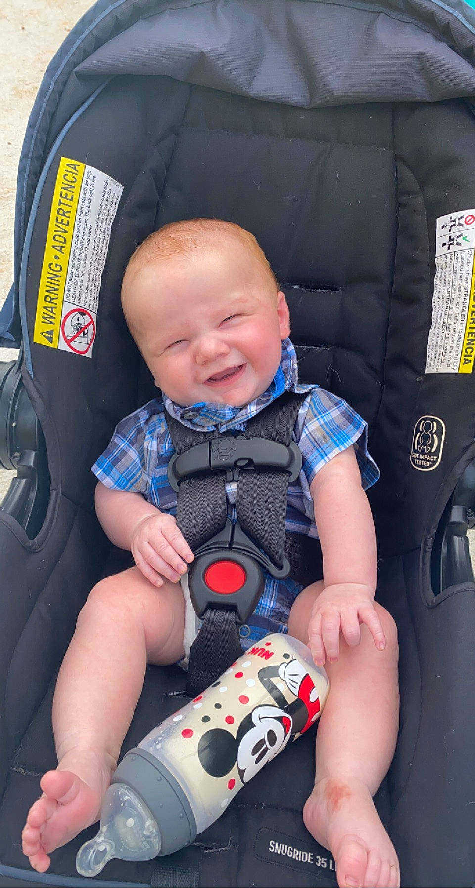 Declan joined the competition — help win amazing prizes! auto_part, baby, baby_products, baby_toddler_clothing, car_seat, child, comfort, electric_blue, face, facial_expression, head, lap, person, product, seat_belt, sitting, skin, sleeve, smile, toddler