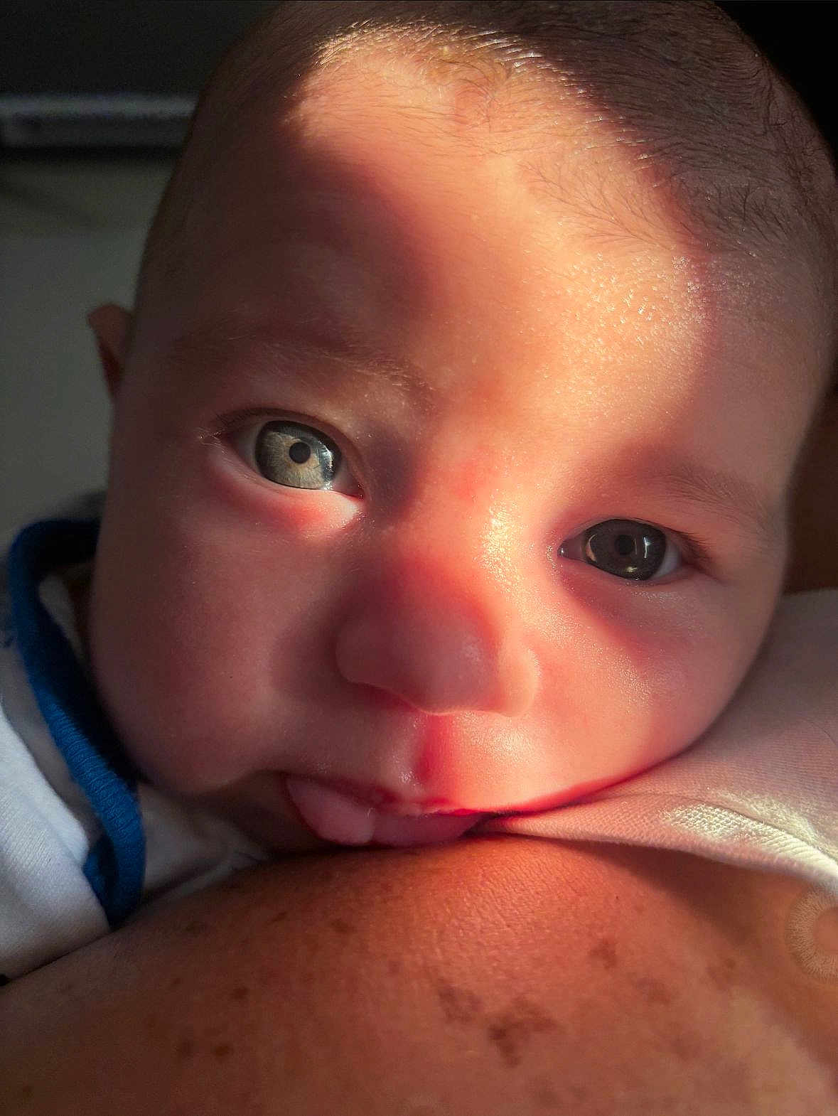 Ennaji participe au concours pour gagner de l'argent avec cette photo : baby, child, close_up, cute, detail, expression, eyes, face, human, infant, intimate, light, newborn, portrait, resting, shadow, skin, soft_light, tongue, warm_tone
