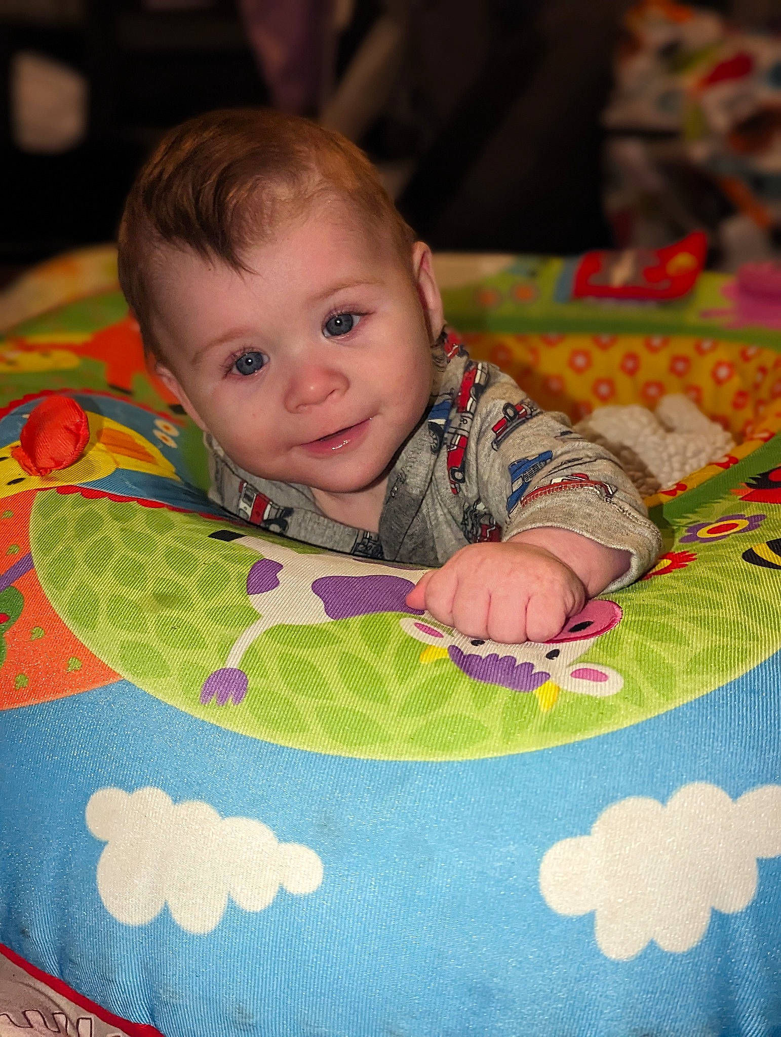 Chandler joined the competition — help win amazing prizes! baby, baby_toddler_clothing, cheek, child, comfort, eye, facial_expression, flooring, hairstyle, happy, head, iris, linens, pattern, people, person, product, skin, smile, toddler