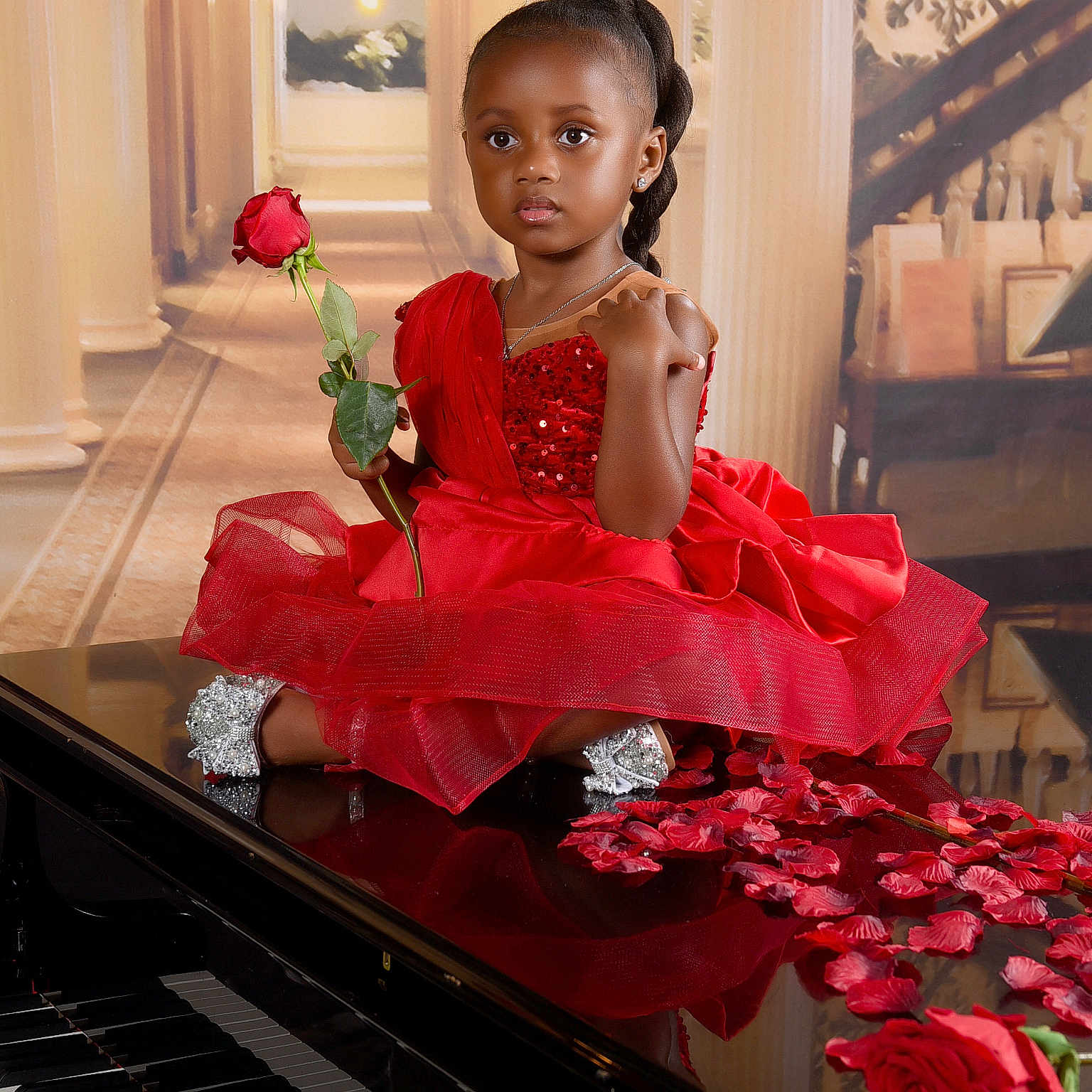Taylynn joined the competition — help win amazing prizes! child, clothing, dress, eveningdress, face, fashion, female, flower, flowerarrangement, flowerbouquet, formalwear, girl, gown, head, keyboard, musicalinstrument, person, piano, plant, rose