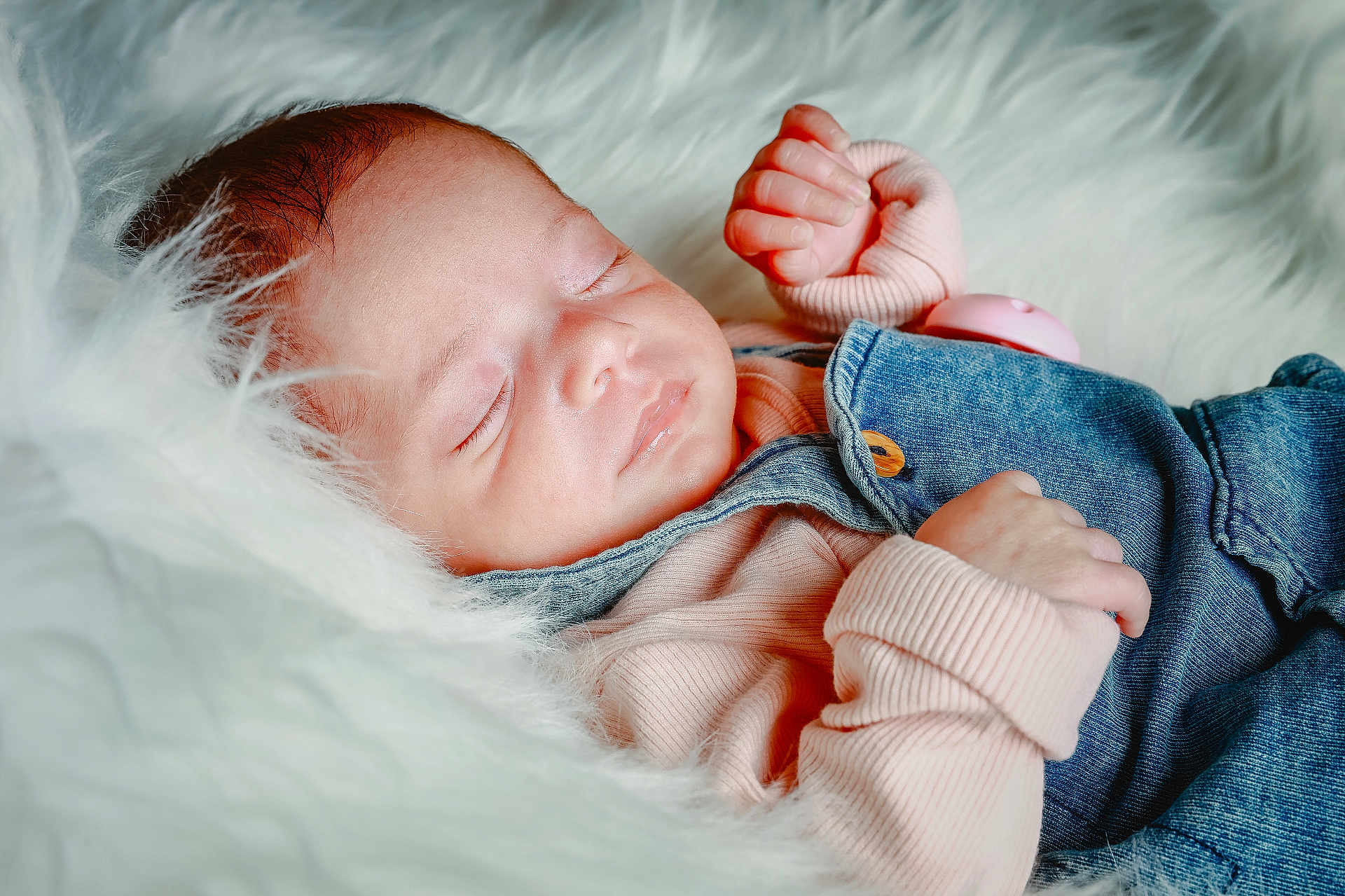 Alba participe au concours pour gagner de l'argent avec cette photo : baby, sleeping, denim, overalls, pink_sweater, infant, closeup, soft_texture, fluffy, peaceful, resting, cute, newborn, skin, hand, face, portrait, cozy, child, indoors