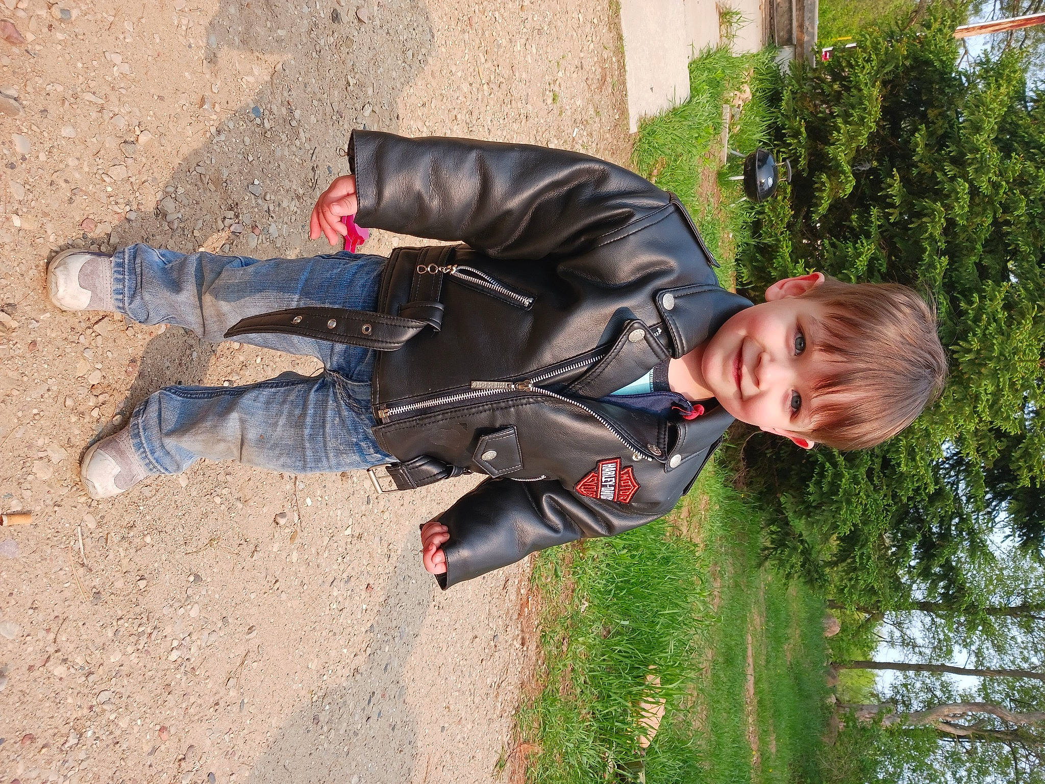 Jack joined the competition — help win amazing prizes! child, denim, fun, grass, jacket, joy, leisure, outdoor_shoe, people_in_nature, person, plant, shoe, sleeve, smile, soil, toddler, tree, walking_shoe, windbreaker