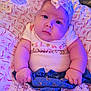 Parker joined the competition — help win amazing prizes! baby, child, infant, bow, headwear, clothing, dress, lace, denim, blanket, floral, pattern, pink, blue, cute, portrait, sitting, indoors, face, expression