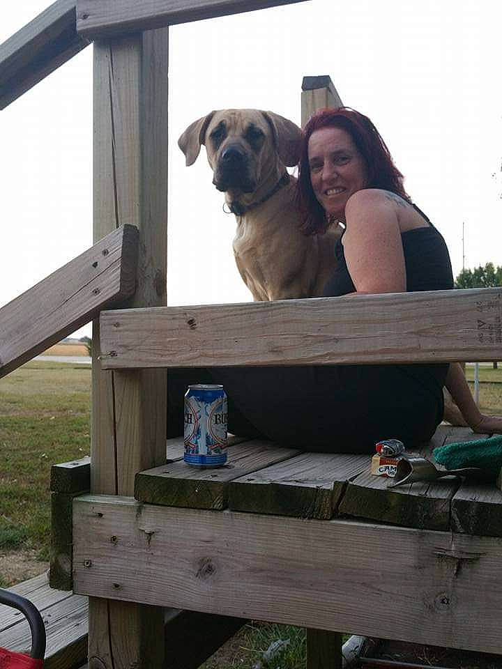 Mallory Knox joined the competition — help win amazing prizes! canidae, carnivore, companion_dog, dog, dog_breed, fawn, grass, leisure, lumber, outdoor_furniture, plant, recreation, sitting, smile, sporting_group, sunglasses, wood, working_dog