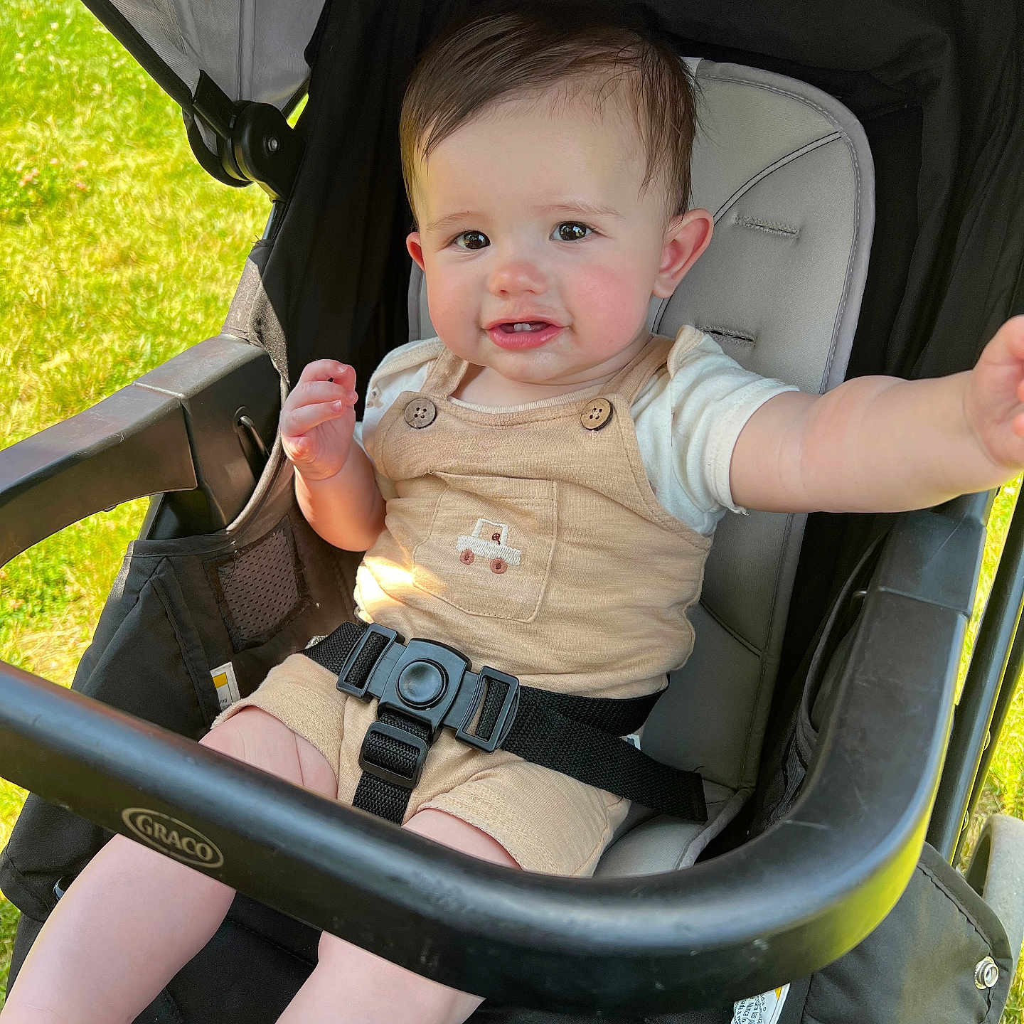 Ashton joined the competition — help win amazing prizes! baby, baby_clothes, cheeks, child, clothing, cute, expression, face, grass, hand, head, infant, outdoor, person, seatbelt, sitting, smiling, stroller, sunlight, toy