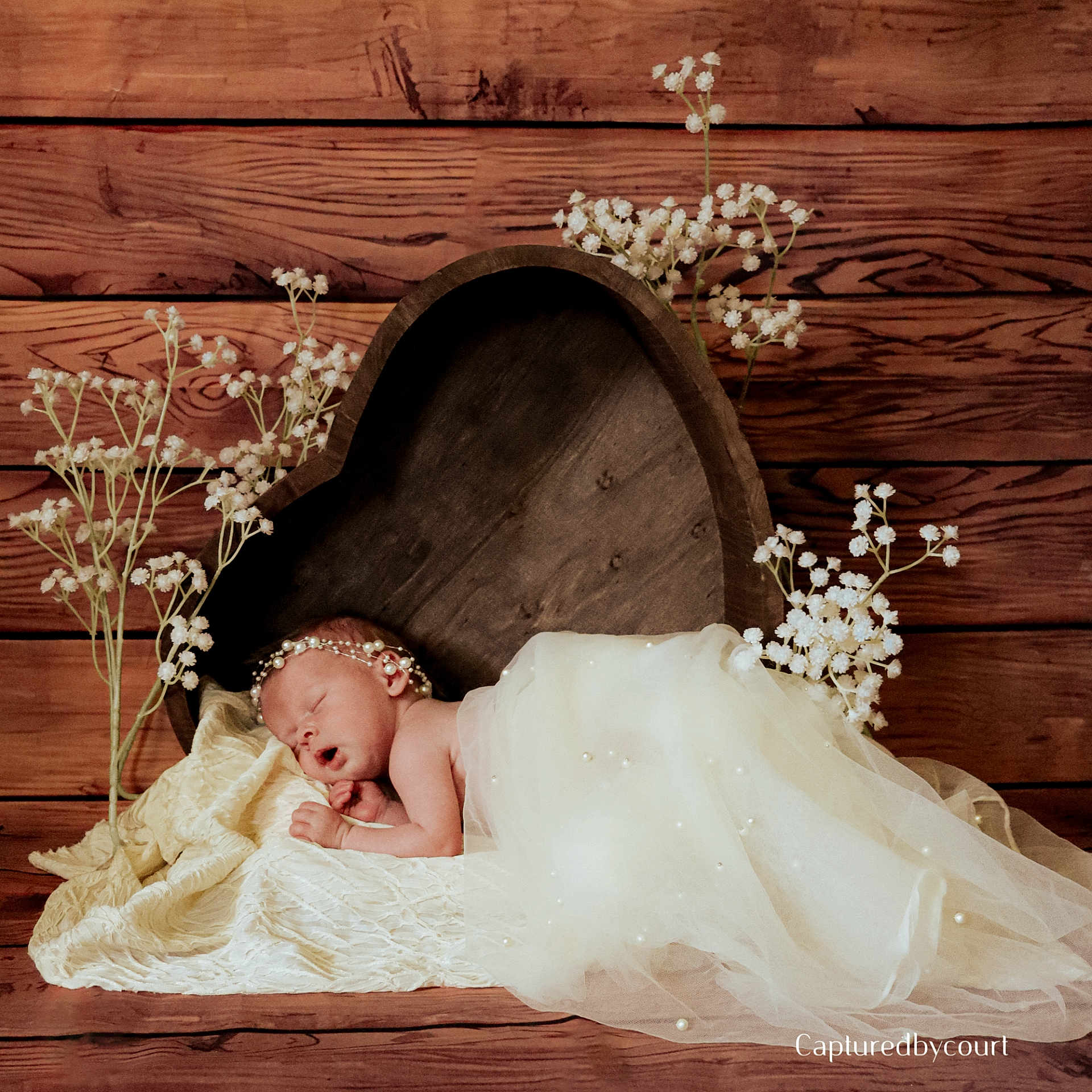 Avani joined the competition — help win amazing prizes! newborn, baby, sleeping, heart_shaped_bowl, white_fabric, pearls, flowers, wooden_background, blanket, decorative, cute, portrait, infant, soft, peaceful, headband, wrapped, studio_photography, resting, tender