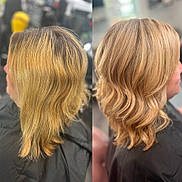 Bonnie is registered to the contest to win money with this photo: beauty, before_after, black_clothing, blonde, cape, hair, hair_color, hair_style_change, hair_texture, hair_treatment, haircare, haircut, hairstyle, indoors, person, salon, shoulder_length, side_view, transformation, wavy_hair