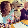 Kobe joined the competition — help win amazing prizes! child, dog, drawing, table, markers, smiling, curly_hair, indoor, kitchen, woman, happy, art, paper, furniture, family, casual_clothing, home, interaction, people, pet