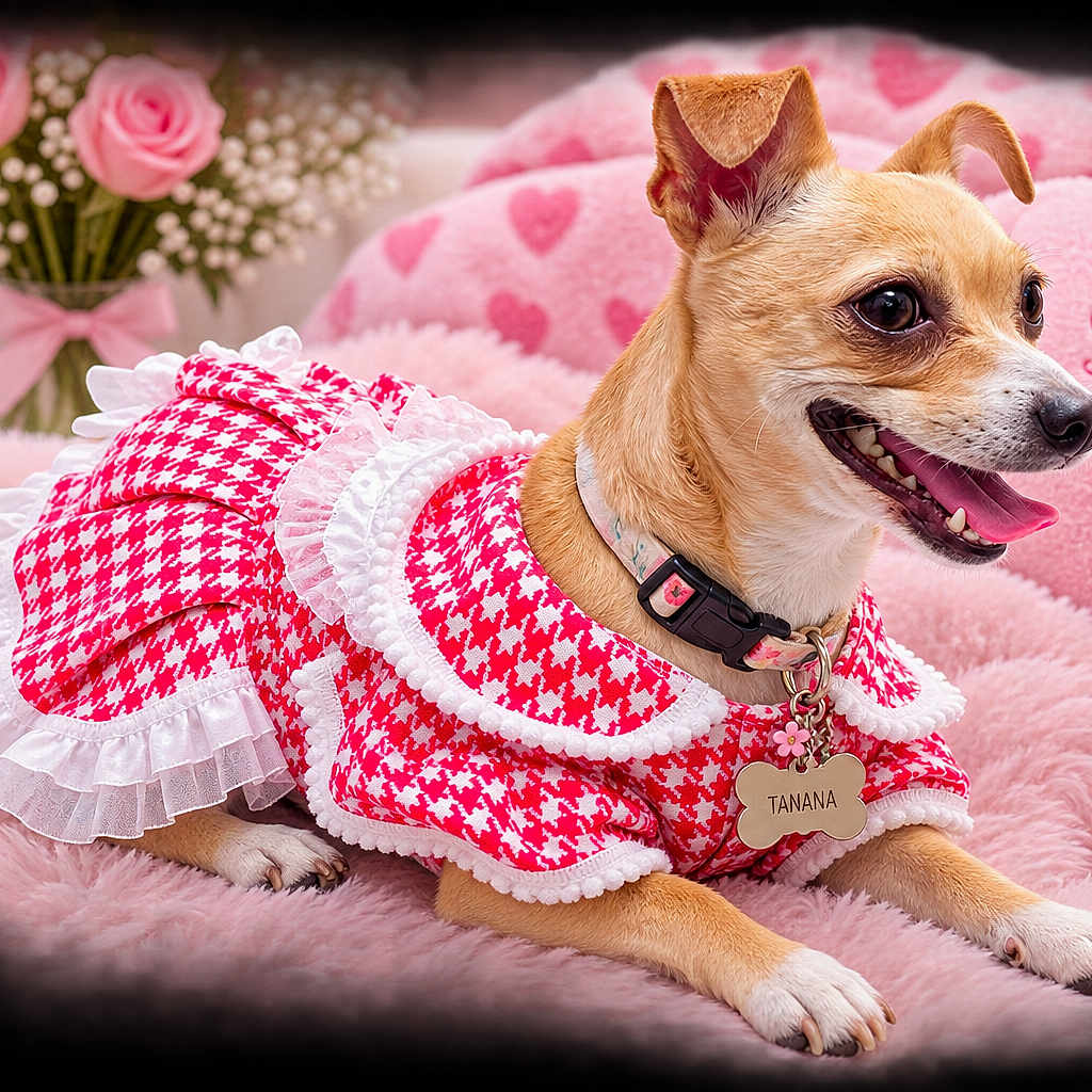 Daisy joined the competition — help win amazing prizes! dog, small_dog, dress, houndstooth_pattern, pink, fluffy_blanket, plush_toy, heart_pattern, collar, name_tag, roses, flowers, indoor, cute, pet, animal, lying_down, soft_texture, decor, smiling