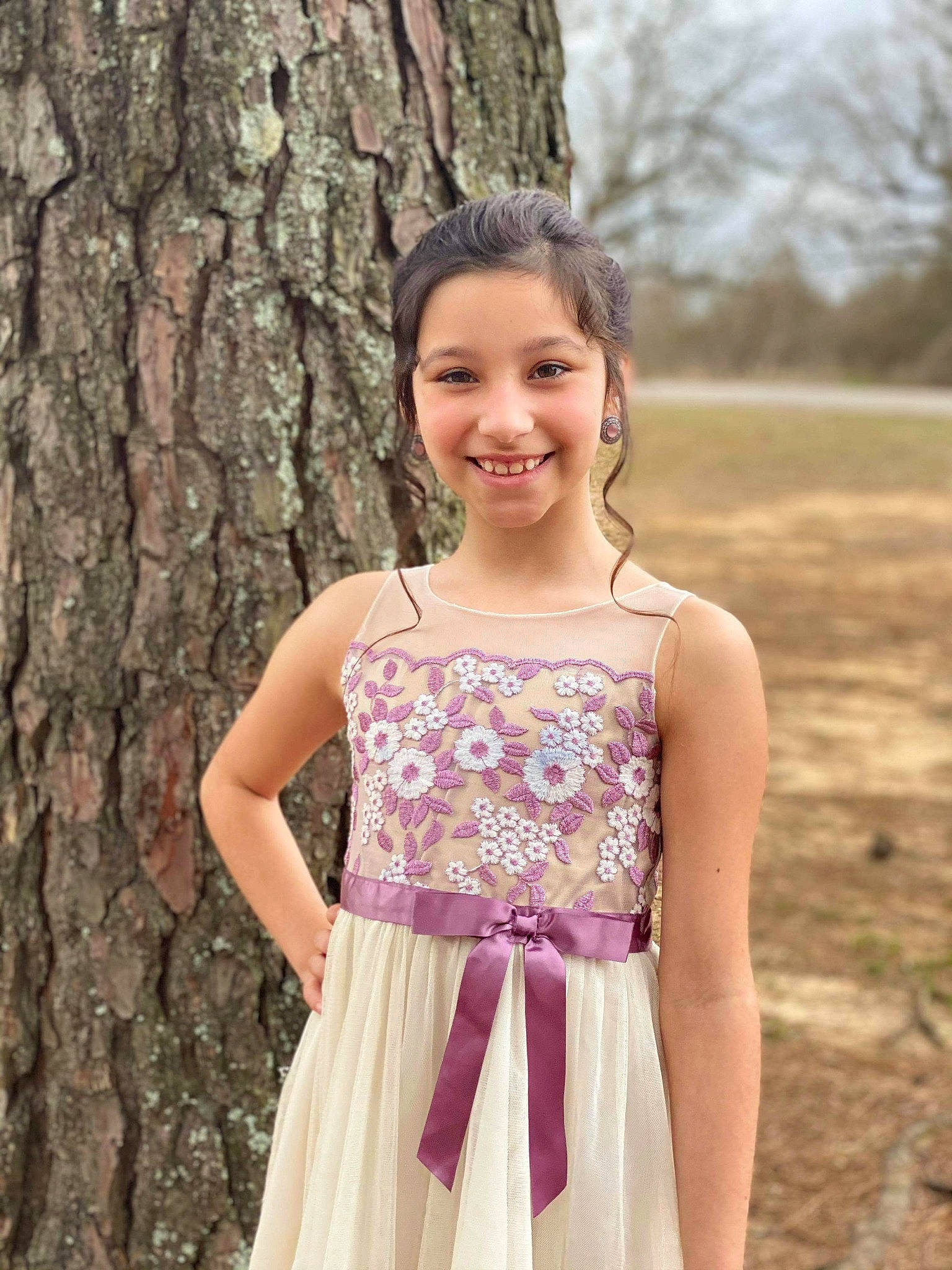 Audriana joined the competition — help win amazing prizes! day_dress, dress, embellishment, eye, face, gown, hair, happy, head, iris, joy, neck, one_piece_garment, people_in_nature, person, shoulder, sleeve, smile, standing, tree