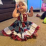 baby, bow, carpet, child, colorful_clothing, couch, curious, cute, dress, family, floor, girl, headband, indoor, infant, living_room, patchwork, person, playpen, sitting
