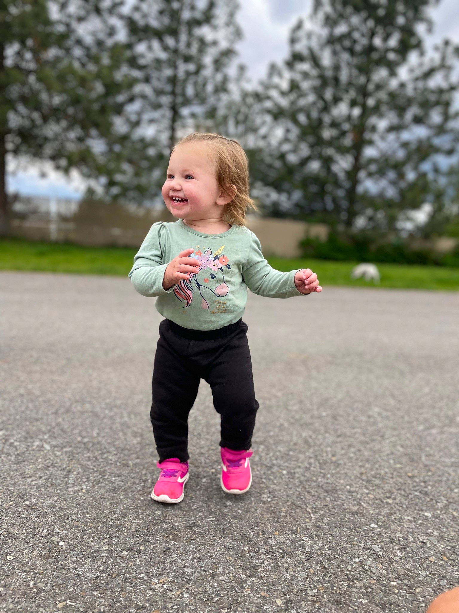 Haylee is registered to the contest to win money with this photo: asphalt, baby_toddler_clothing, fun, gesture, grass, hair, happy, joy, leg, people_in_nature, person, pink, plant, road_surface, running, sky, sleeve, smile, standing, summer