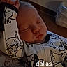 newborn, baby, sleeping, infant, portrait, onesie, animal_print, clothing, indoors, bed, blanket, peaceful, face, closed_eyes, nose, mouth, head, cozy, text_overlay, dallas