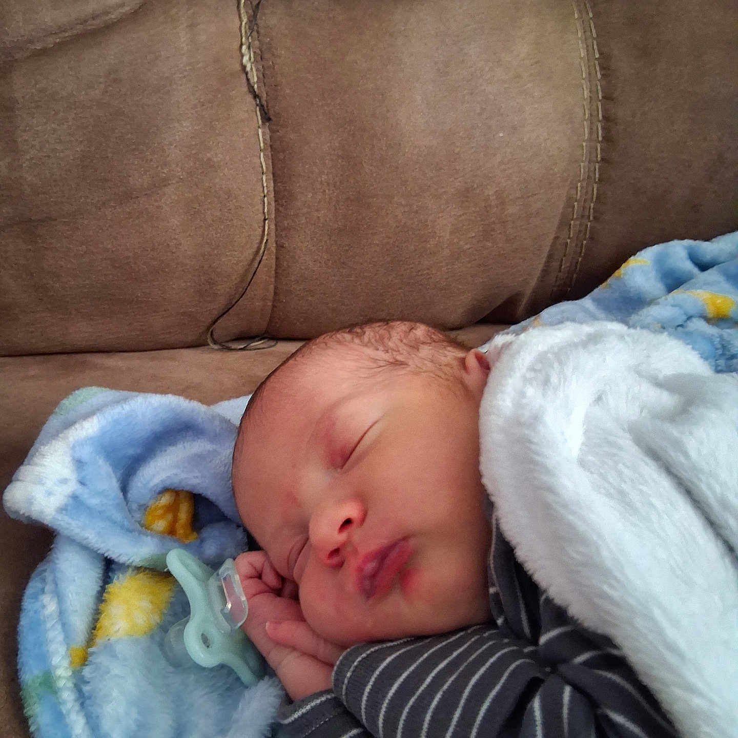 Dallas joined the competition — help win amazing prizes! newborn, baby, infant, sleeping, face, portrait, pacifier, blanket, blue_blanket, couch, indoors, striped_clothing, clothing, snuggled, resting, peaceful, close_up, head, cozy, cute