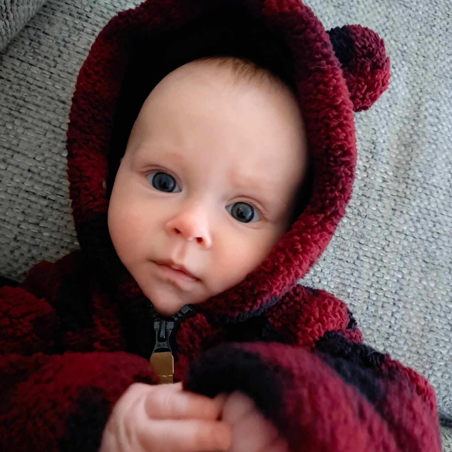 Tate is registered to the contest to win money with this photo: baby, beanie, bodypart, bonnet, cap, clothing, coat, face, finger, fleece, hand, hat, head, hood, hoodie, jacket, knitwear, newborn, person, photography