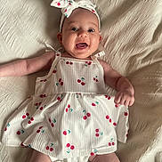 Alaiya joined the competition — help win amazing prizes! baby, baby_girl, blanket, cherry_pattern, child, clothing, cute, dress, fabric, happy, headband, headwear, indoors, infant, lying_down, person, playful, portrait, skin, smiling