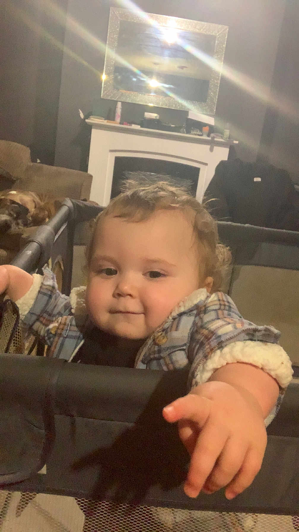 Lucas is registered to the contest to win money with this photo: toddler, child, playpen, indoor, living_room, smile, curious, dog, furniture, blanket, fireplace, mirror, cozy, clothing, hand, face, baby, person, home, cute