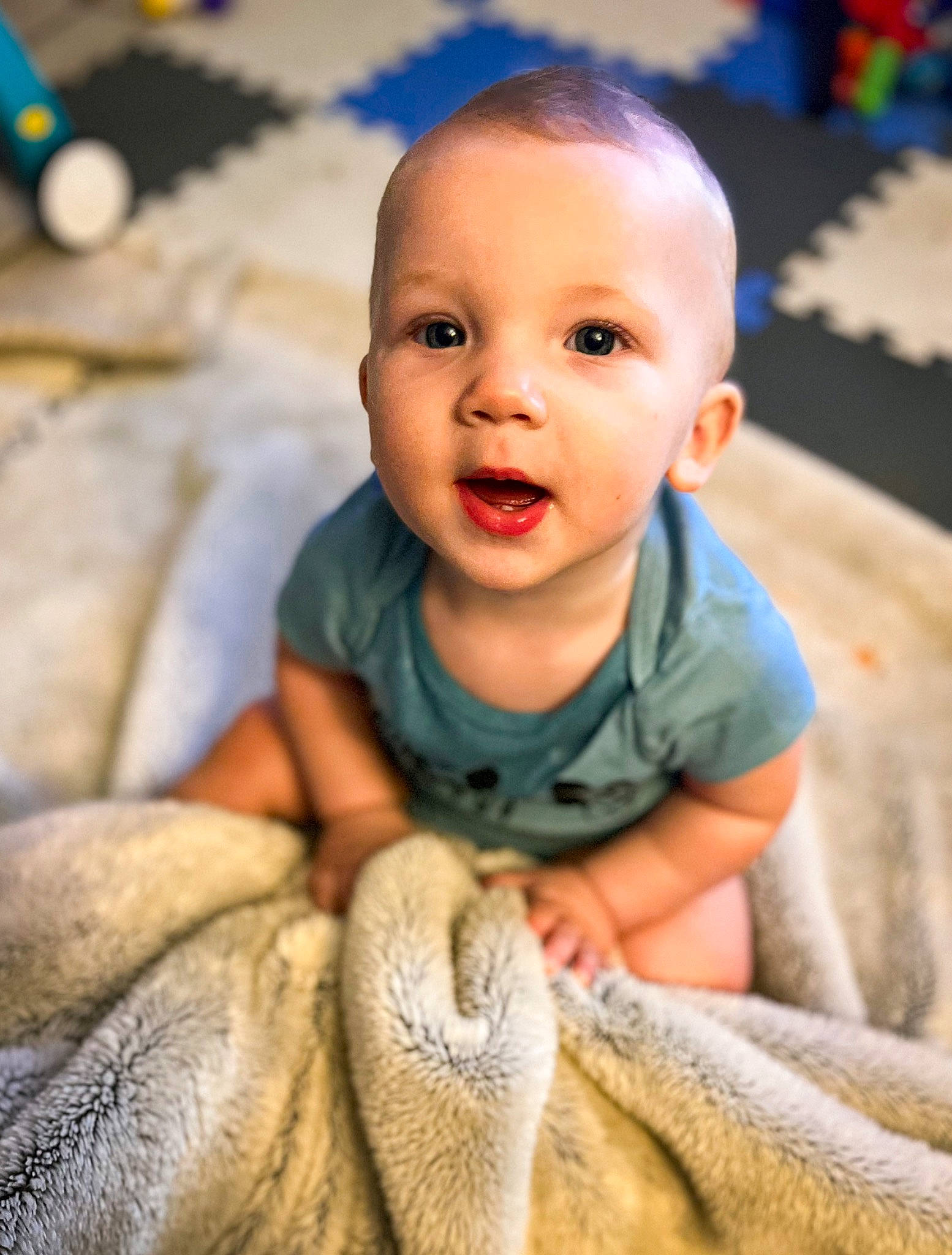 Jensen joined the competition — help win amazing prizes! baby, baby_toddler_clothing, blue, cheek, child, chin, close_up, comfort, facial_expression, flash_photography, happy, iris, linens, nose, organ, person, skin, sleeve, smile, toddler