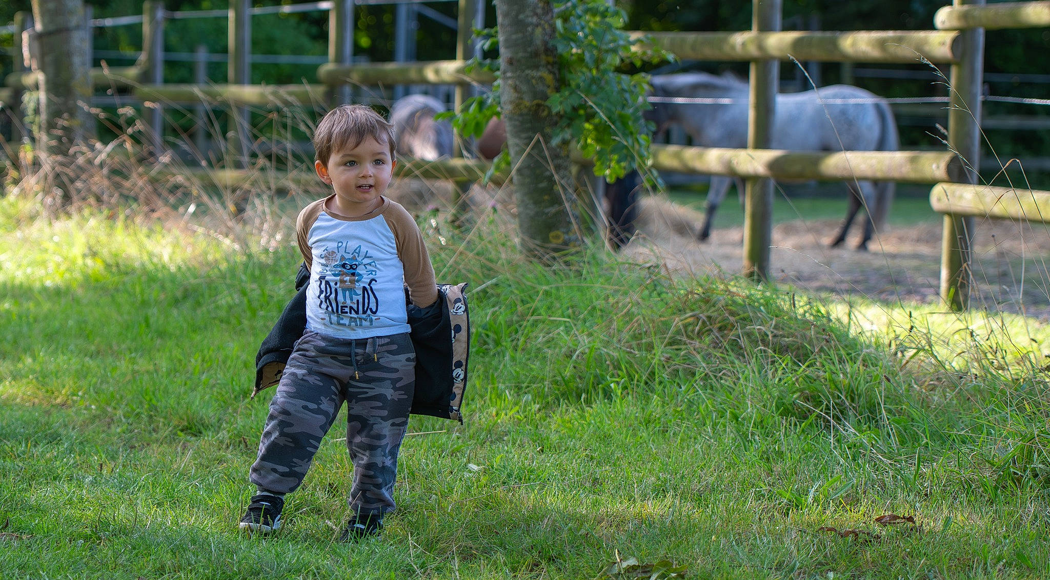 Mathéo participe au concours pour gagner de l'argent avec cette photo : baby_toddler_clothing, bag, child, fence, fun, garden, grass, grassland, happy, landscape, lawn, leisure, luggage_and_bags, mammal, people_in_nature, person, plant, recreation, t_shirt, toddler
