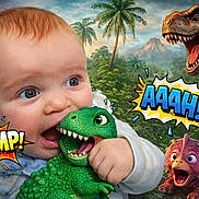 Marius participe au concours pour gagner de l'argent avec cette photo : baby, child, dinosaur_toy, green_toy, prehistoric_jungle, t_rex, cartoon_dinosaurs, comic_text, chomp_text, aaah_text, volcano, palm_trees, roaring_dinosaur, cute_baby, chewing, playful, toy, fantasy_background, colorful, smiling