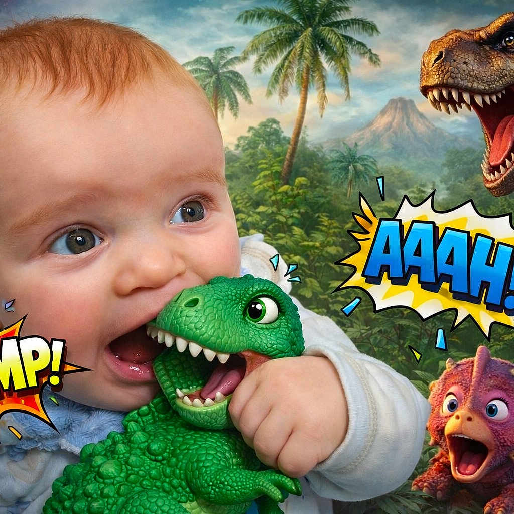 Marius participe au concours pour gagner de l'argent avec cette photo : baby, child, dinosaur_toy, green_toy, prehistoric_jungle, t_rex, cartoon_dinosaurs, comic_text, chomp_text, aaah_text, volcano, palm_trees, roaring_dinosaur, cute_baby, chewing, playful, toy, fantasy_background, colorful, smiling