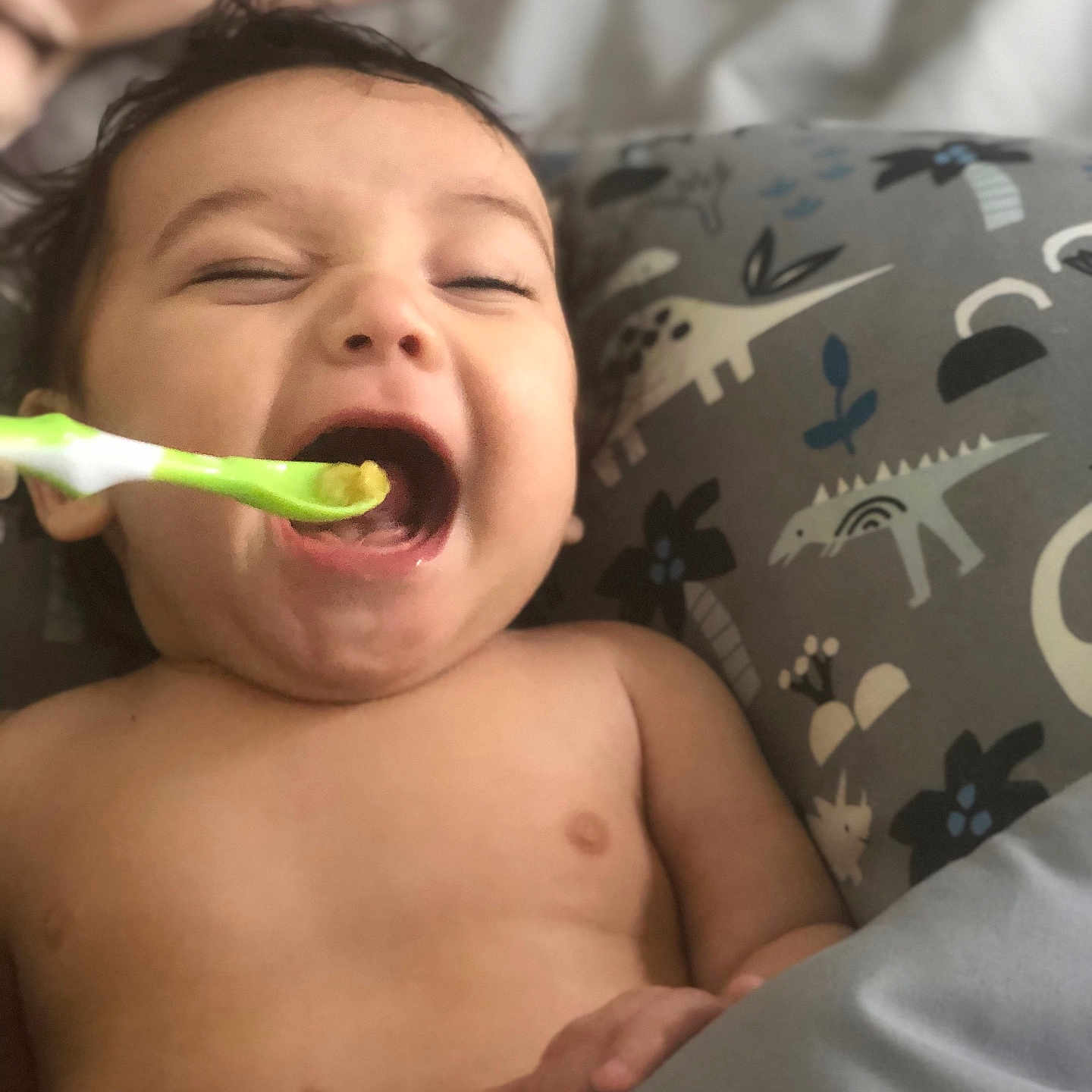 Kai joined the competition — help win amazing prizes! baby, bodypart, brush, cushion, cutlery, device, eating, face, food, head, homedecor, mouth, person, photography, portrait, spoon, teeth, tool, toothbrush, yawning