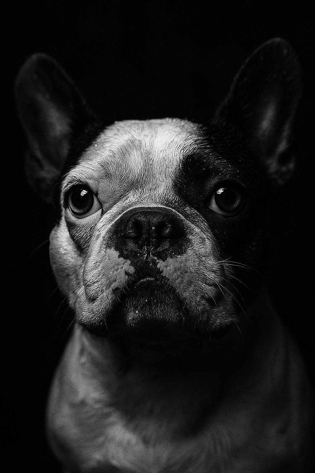 Valentine participe au concours pour gagner de l'argent avec cette photo : dog, french_bulldog, black_and_white, portrait, close_up, pet, animal, whiskers, ears, face, snout, expression, studio_lighting, moody, dark_background, canine, muzzle, fur, looking, cute