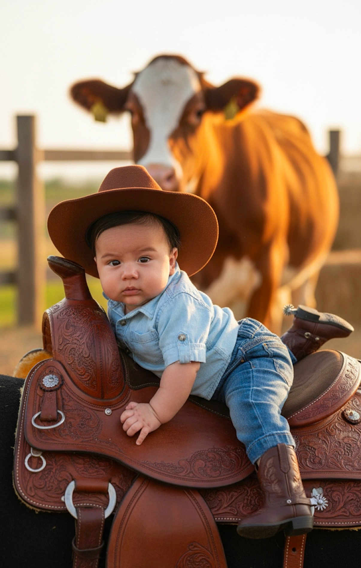 Noah joined the competition — help win amazing prizes! baby, cowboy, cow, saddle, leather, hat, jeans, boots, animal, outdoor, farm, child, portrait, fence, ranch, sunset, grass, cute, western, horse