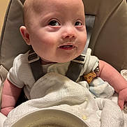 Elijah joined the competition — help win amazing prizes! baby, high_chair, food, messy_face, curious_look, bowl, cream, feeding_time, blanket, clothing, infant, child, cute, indoor, portrait, closeup, skin, seat_belt, feeding, table