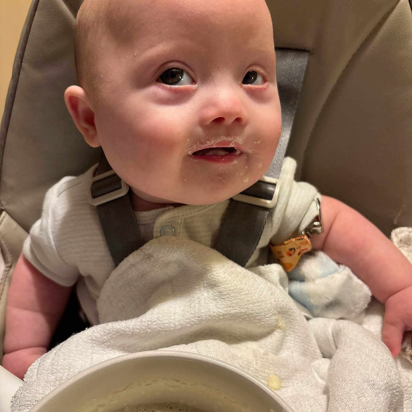 Elijah joined the competition — help win amazing prizes! baby, high_chair, food, messy_face, curious_look, bowl, cream, feeding_time, blanket, clothing, infant, child, cute, indoor, portrait, closeup, skin, seat_belt, feeding, table